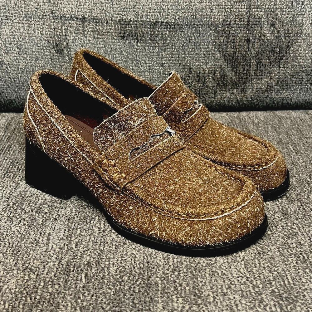 Urban Revivo Suede Heeled Pumps Womens Sz 6.5 Brown Leather Retro Chunky Loafer